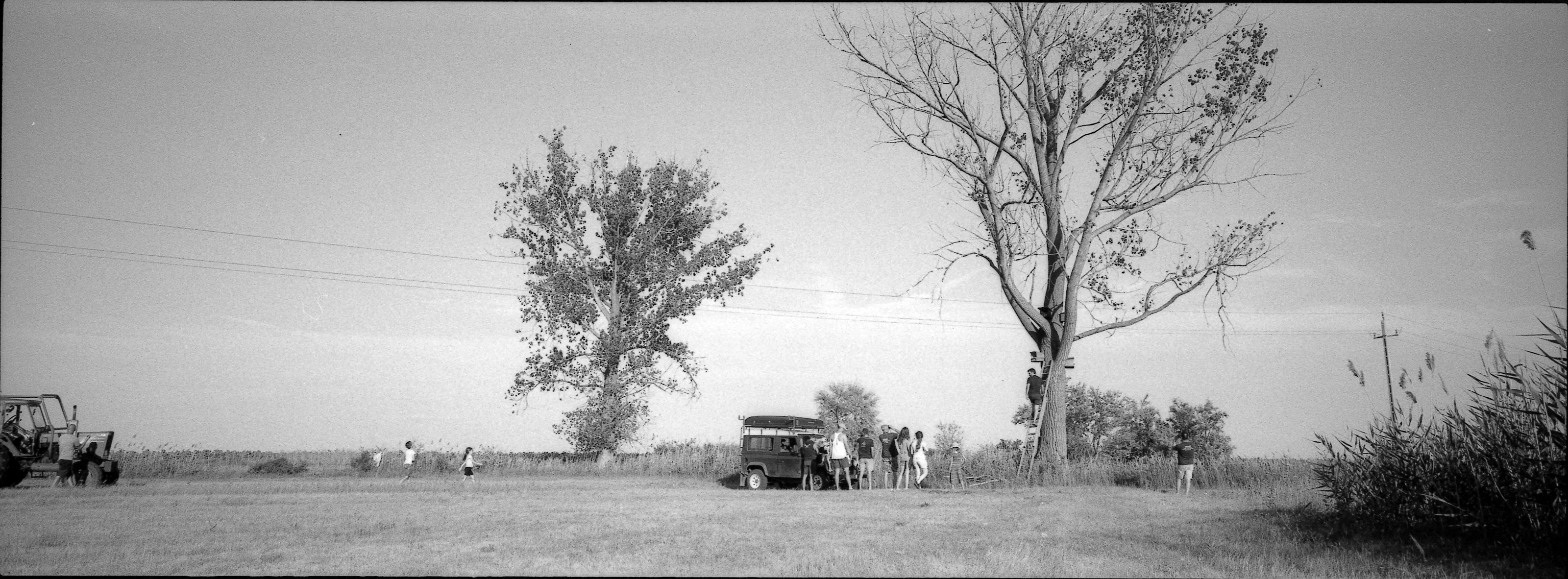 Panoramic black-and-white photograph of the TÖK Camp team gathering with vehicles beneath the trees in Jászboldogháza
